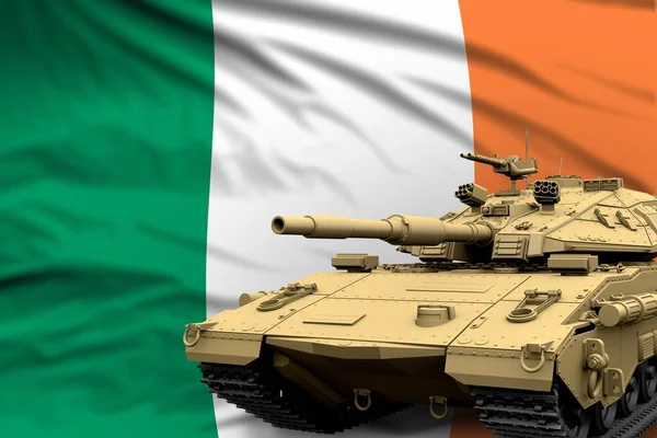 具有爱尔兰国旗背景的虚构设计的重型坦克 现代坦克军队概念 军用三维图解 — 图库照片