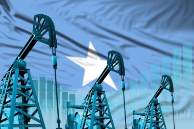 Somali petrol ve petrol endüstrisi konsepti, Somali bayrağı arka planında endüstriyel illüstrasyon. 3B Görüntü