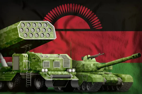 tank and rocket launcher with summer pixel camouflage on the Malawi flag background. Malawi heavy military armored vehicles concept. 3d Illustration