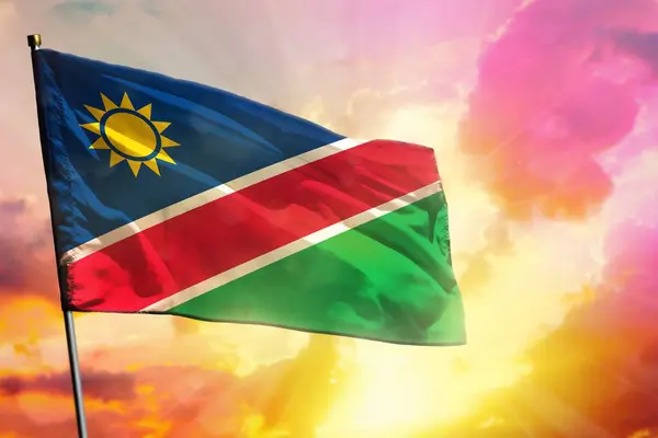 Knipperende Namibië Vlag Prachtige Kleurrijke Zonsondergang Zonsopgang Achtergrond Namibië Succes — Stockfoto