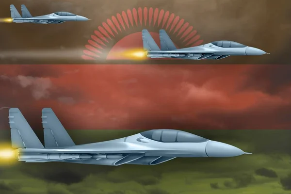 Malawi Luchtaanval Concept Moderne Oorlogsvliegtuigen Vallen Aan Malawi Vlag Achtergrond — Stockfoto