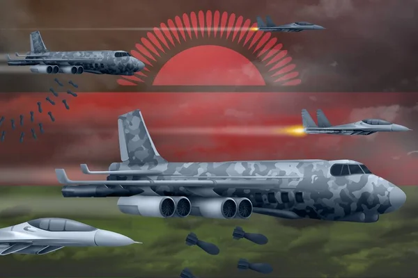 Malawi Bombardiert Luftangriffe Moderne Malawische Kampfflugzeuge Bombardieren Vor Flaggenhintergrund Illustration — Stockfoto