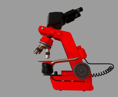 Kırmızılı profesyonel mikroskop ve kontrol bloğu gri - gerçekçi medikal 3d illüstrasyon, mikroskop araştırma konsepti