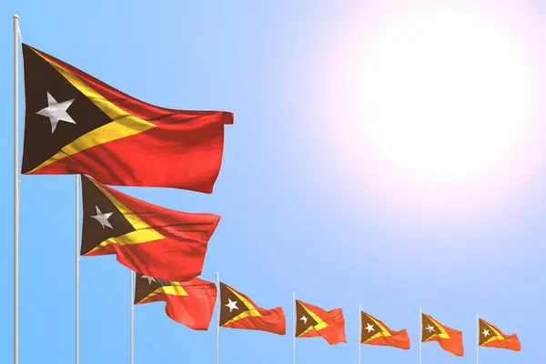 Дуже Багато Прапорів Тимора Леште Розміщені Діагональ Синьому Небі Простором — стокове фото