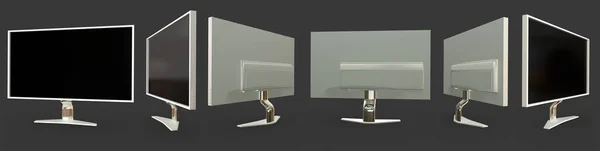 グレーで隔離された架空のデザインの白いコンピュータ画面のさまざまな側面からレンダリング オブジェクトのフォトリアリスティック3Dイラスト — ストック写真