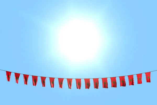 beautiful many Morocco flags or banners hangs on rope on blue sky background - any celebration flag 3d illustration