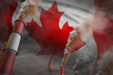 Kanada kirliliğiyle mücadele kavramı - bayrak arka planında ağır duman bulunan iki dev sanayi borusu, endüstriyel 3D illüstrasyon