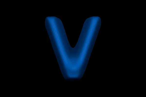 光沢のある青の軟質プラスチックフォント 文字Vは黒の背景に隔離され 記号の3Dイラスト — ストック写真