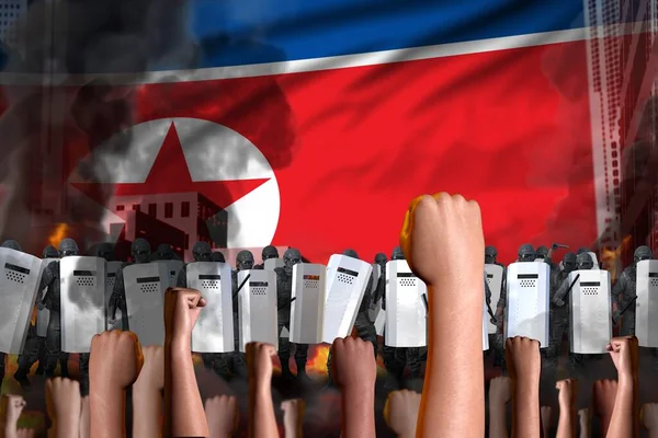 北朝鮮での抗議 旗の背景にデモ隊の群衆に対する警察の警備員の立場 デモンストレーション停止の概念 軍事3Dイラスト — ストック写真