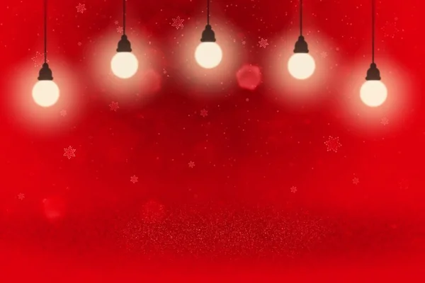 red fantastic glossy abstract background glitter lights with light bulbs and falling snow flakes fly defocused bokeh - celebratory mockup texture with blank space for your content