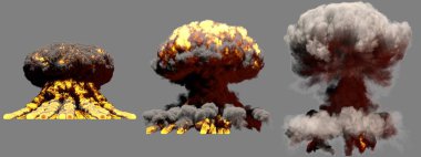 3 büyük farklı aşamalarında mantar bulutu patlama atom bombası dumanlı ateş ve alevler gri arka plan üzerinde patlama - 3d illüstrasyon izole.