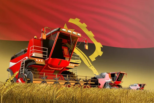 Jordbruks Skördetröska Arbetar Landsbygden Med Angola Flagga Bakgrund Livsmedelsproduktion Koncept — Stockfoto