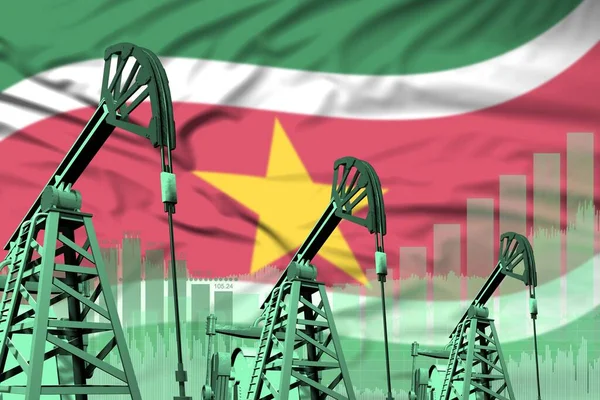 Suriname oil and petrol industry concept, industrial illustration on Suriname flag background. 3D Illustration