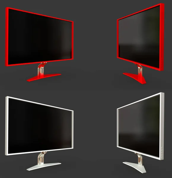 many images of white and red technological computer screen with fictive design isolated on grey background - highly detailed realistic 3D illustration of object