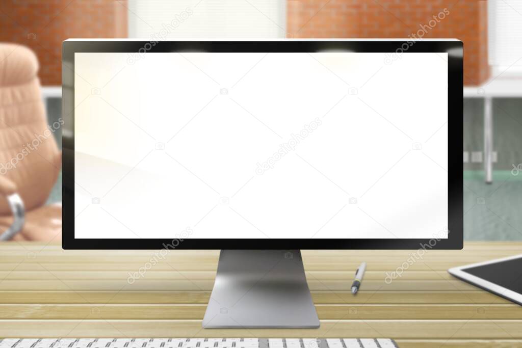technology template - laptop monitor with blank empty screen in the office, made from real photography