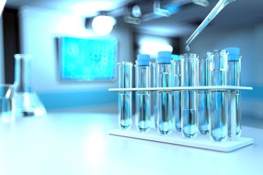 Modern mikrobiyoloji araştırma ofisinde laboratuvar test tüpleri - bakteri konsepti için içilebilir su kalitesi testi, tıbbi 3D illüstrasyon