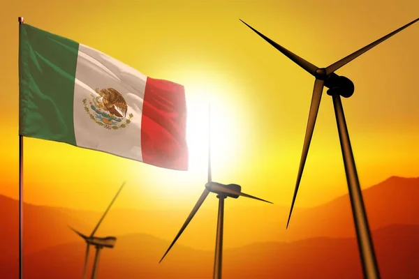 Mexico Wind Energy Alternative Energy Environment Concept Turbines Flag Sunset — Stock Photo, Image