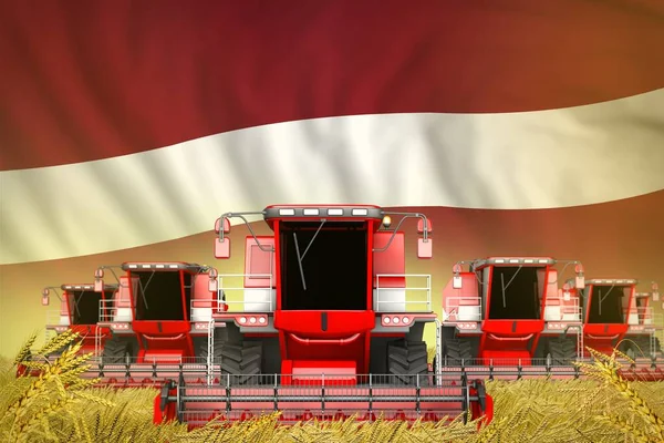 Veel Rode Landbouw Combineren Oogstmachines Graanveld Met Letland Vlag Achtergrond — Stockfoto