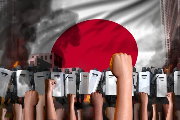 Concepto Lucha Manifestación Protesta Japón Fondo Bandera Policía Pone Pie —  Fotos de Stock