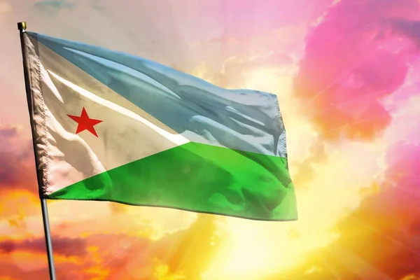 Ondeando Bandera Djibouti Sobre Hermoso Atardecer Colorido Fondo Del Amanecer — Foto de Stock