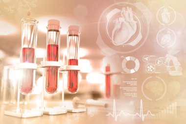 Biyokimya ofisinde test tüpleri - lökosit veya potasyum için kan örneği testi, yaratıcı gradyan örtülü tıbbi 3D illüstrasyon