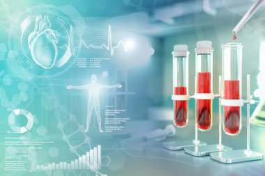 Tıbbi 3D illüstrasyon, kolej ofisindeki kanıt şişeleri - protein için kan örneği analizi veya yaratıcı kaplamalı AIDS
