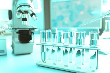 Modern kimyasal çalışma tesisinde laboratuvar test tüpleri - dışkı göstergeleri için içme suyu kalitesi testi, tıbbi 3 boyutlu illüstrasyon