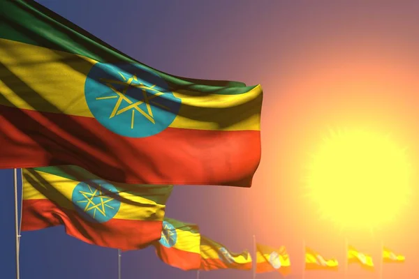 Abbastanza Molte Bandiere Etiopia Sul Tramonto Posto Diagonale Con Messa — Foto Stock