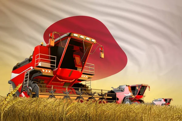 農地で働く収穫者と日本の国旗背景 食料生産の概念を組み合わせた農業 産業用3Dイラスト — ストック写真