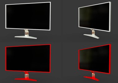 Gri arkaplanda izole edilmiş hayali tasarımı olan beyaz ve kırmızı yüksek teknoloji bilgisayar ekranının birçok görüntüsü - nesnenin son derece detaylı üç boyutlu gerçekçi çizimi
