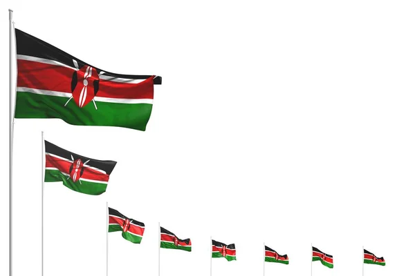 Довольно Много Флагов Кении Помещены Диагональ Изолированы Белом Пространством Текста — стоковое фото