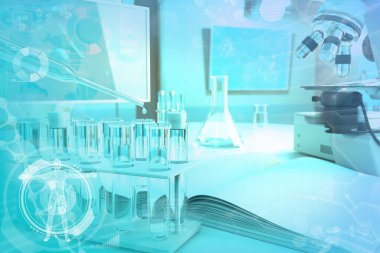 Kimyasal çalışma dokusu ya da arka plan - ofiste test tüpleri ve mikroskop - kavramsal tıbbi illüstrasyon