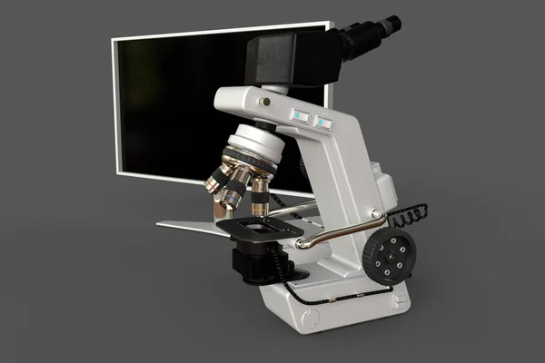 白色实验显微镜 空白屏风隔离 现实的三维物体图解及虚拟设计 临床研究理念 — 图库照片