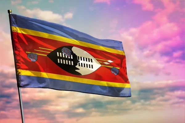 Zwevende Swaziland Vlag Kleurrijke Bewolkte Hemel Achtergrond Swaziland Welvarend Concept — Stockfoto