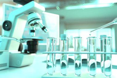 nitratlar için içme suyu kalitesi testi - modern mikrobiyoloji araştırma ofisinde laboratuvar test tüpleri, tıbbi 3D illüstrasyon