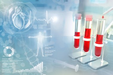 Tıbbi 3D illüstrasyon, çalışma tesisinde test tüpleri - Basofiller için kan DNA testi veya yaratıcı kaplamalı sodyum