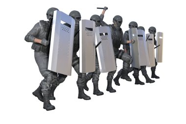 Polis, beyaz arka planda izole edilmiş kargaşaya yürüdü ve saldırdı - protesto durdurma konsepti, askeri 3D İllüstrasyon