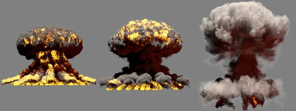 灰色の背景に隔離された煙と炎で熱核爆弾の3つの巨大な異なる相火キノコ雲爆発 爆発の3Dイラスト — ストック写真