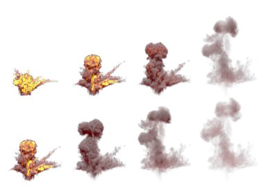 Beyaz arka planda izole edilmiş büyük el bombası patlaması mantar bulutu ve duman görüntüleri - nesnelerin 3 boyutlu görüntüsü