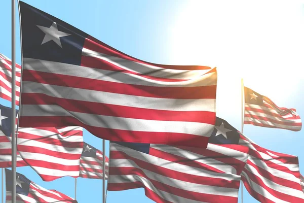 Bello Molte Bandiere Della Liberia Sono Onda Sfondo Cielo Blu — Foto Stock
