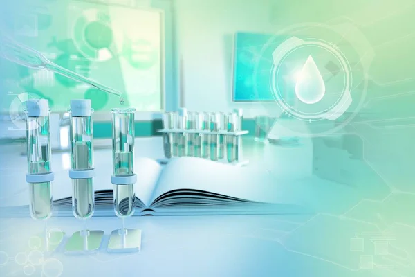 バイオテクノロジー研究の背景 鮮やかな概念医学の3Dイラスト 診療所での証明と顕微鏡 — ストック写真