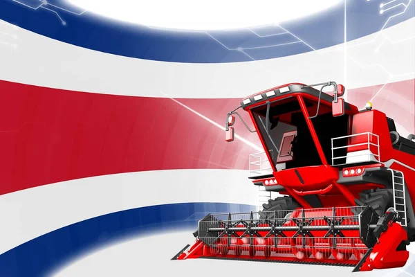 Agriculture innovation concept, red advanced wheat combine harvester on Costa Rica flag - digital industrial 3D illustration