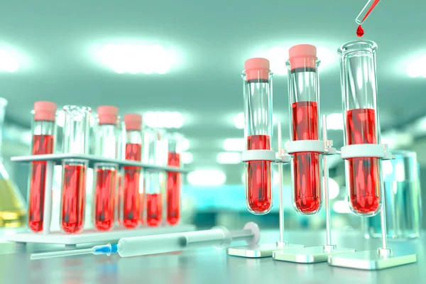 lab test tubes in biotechnology study clinic - blood gene test for virus (eg covid-2019), medical 3D illustration with soft focus