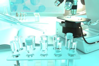 Lejyonella için içme suyu kalitesi testi. Modern tıbbi araştırma ofisinde laboratuvar tüpleri, tıbbi üç boyutlu illüstrasyon.