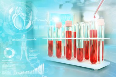 Kimya ofisinde test tüpleri - kan DNA testi kan ürea nitrojen veya kolesterol için, yaratıcı kaplamalı tıbbi 3D illüstrasyon