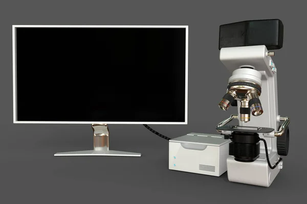白色专业显微镜 立方体块 空白监测器分离 逼真的三维物体图解及虚拟设计 生物化学发现概念 — 图库照片