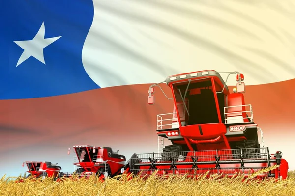industrial 3D illustration of red grain agricultural combine harvester on field with Chile flag background, food industry concept