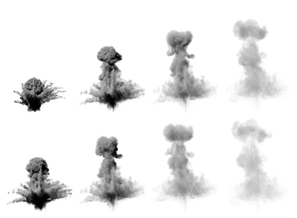 许多在白色背景下隔离的大型导弹爆炸的图像 浓密的蘑菇浓烟 物体的三维图解 — 图库照片