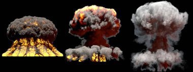 3 big different phases fire mushroom cloud explosion of fusion bomb with smoke and flames isolated on black background - 3D illustration of explosion clipart