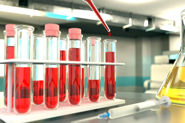 医学3D图解 大学设施中的实验室证明瓶 如验血犬 概念的血液样本分析 具有防伪效果 — 图库照片